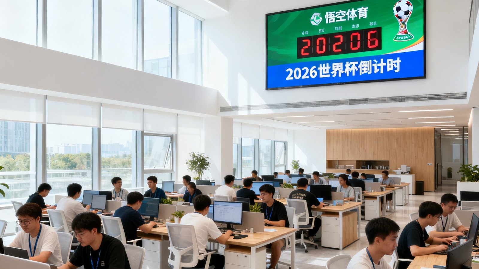 悟空体育杭州总部开放式办公区内，180名团队成员在明亮现代的空间中协作，墙上悬挂2026世界杯倒计时电子屏，展现年轻活力的企业氛围