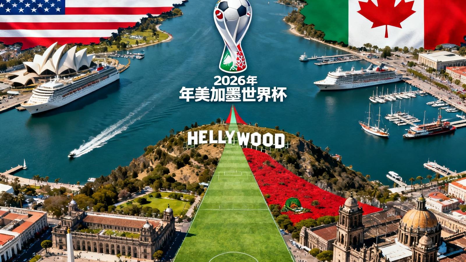 2026年美加墨世界杯官方赛事标识与主办城市联合鸟瞰图，展现美国、加拿大、墨西哥三国联合举办的盛大足球赛事视觉形象