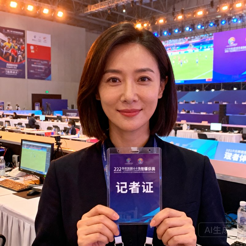 悟空体育首席内容官陈雨桐的专业肖像照，32岁女性，齐肩短发，手持记者证，身后是大型赛事媒体中心场景