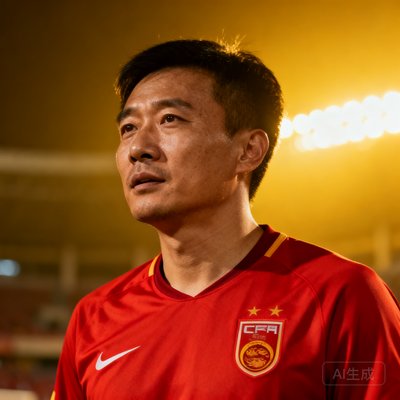 一位30岁左右的中国男性球迷张先生的半身头像，穿着红色足球训练服，背景为模糊的球场灯光