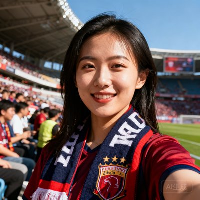 一位25岁左右的中国女性球迷李女士的头像，戴着球队围巾，在体育场内自拍，阳光洒在脸上
