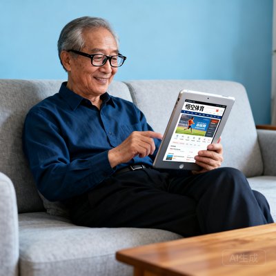 一位60多岁的退休老教师王伯伯，戴着老花镜坐在沙发上用平板电脑浏览悟空体育网站，表情专注而满足
